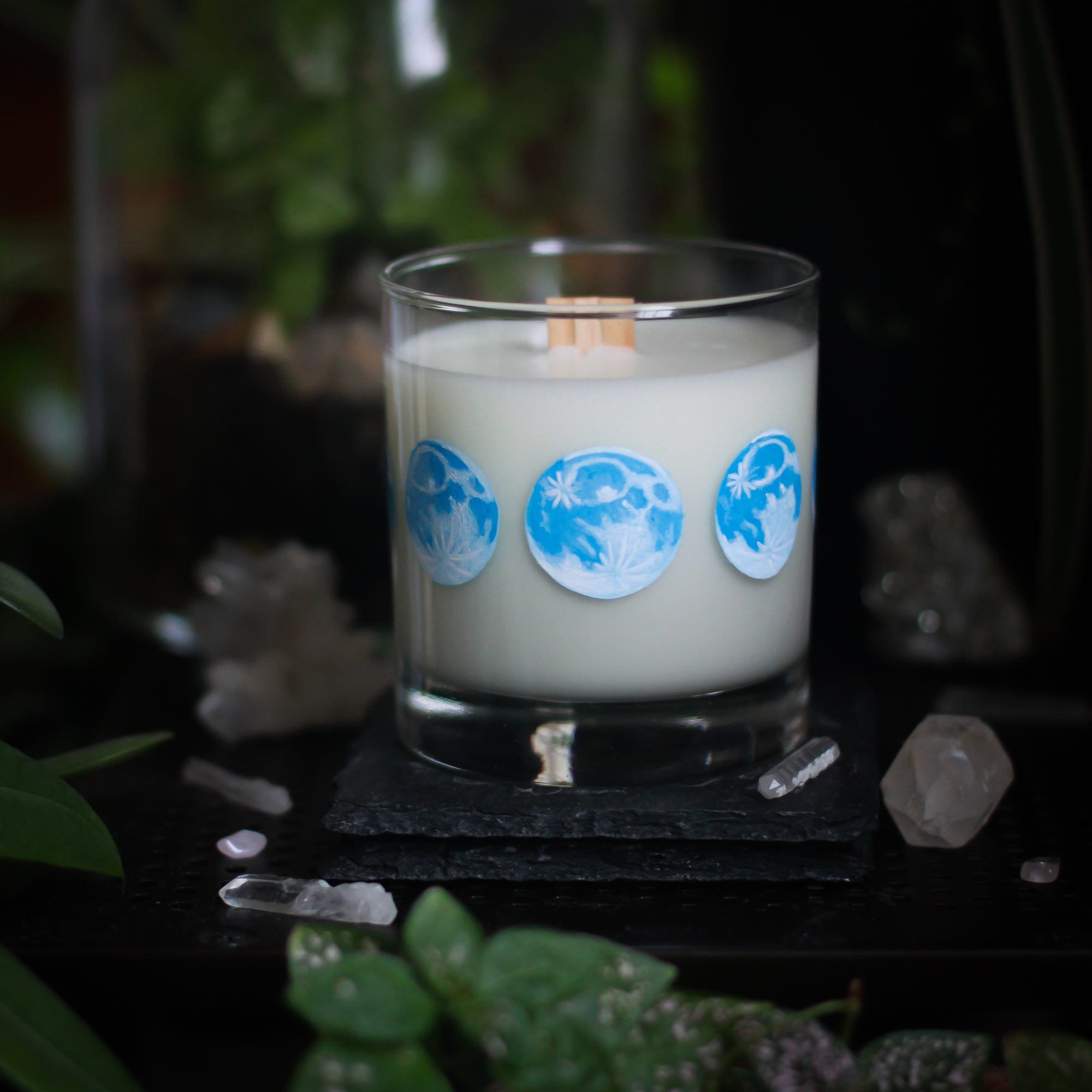 A white-wax candle with a wooden wick rests upon a dark surface with plants and crystals visible in the scene. The light candle stands out in contrast against the dark background. The candle glass has 8 phases of the moon painted in shades of blue circling the glass. This angle depicts the full moon with two 3 quarter moons on either side of it.