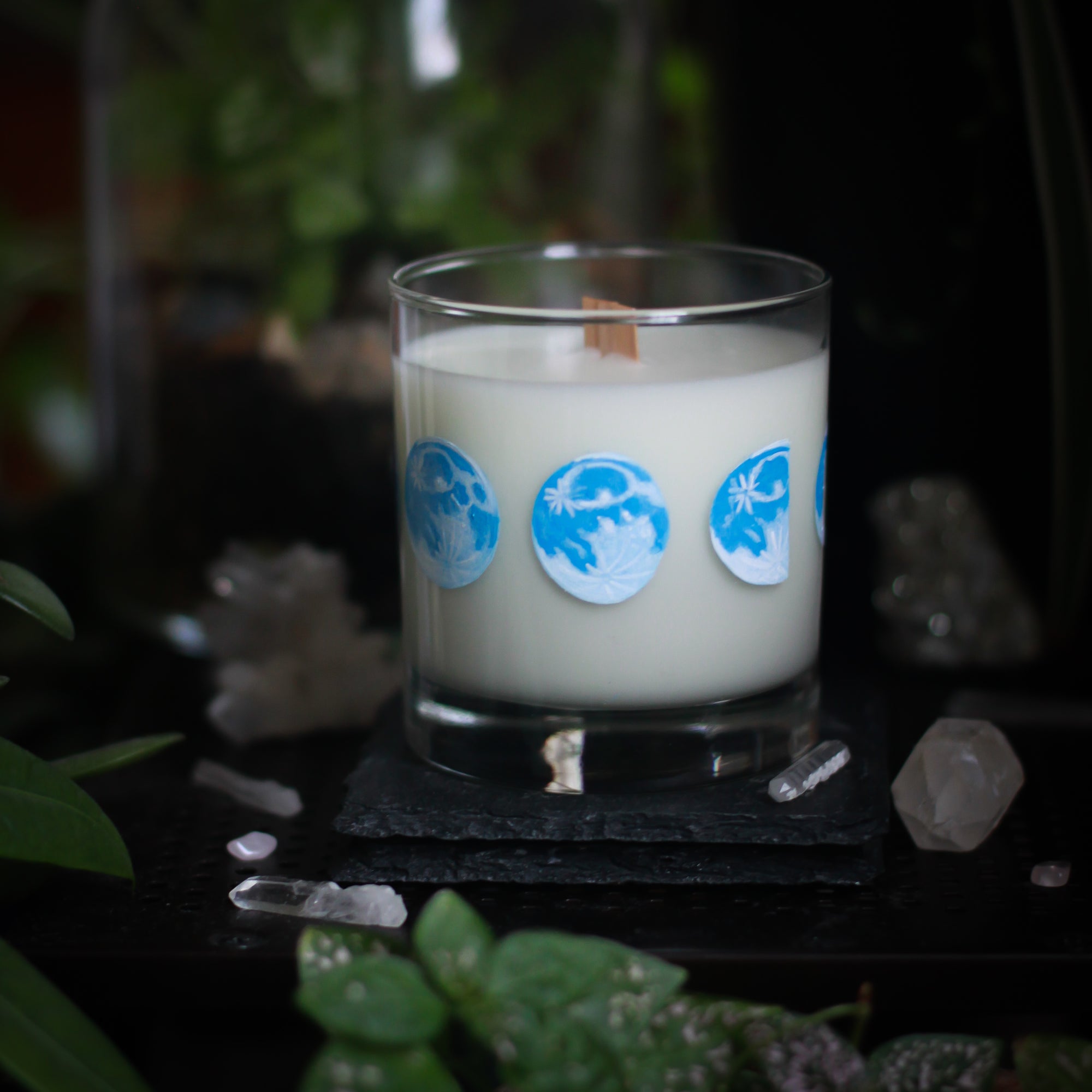 A white-wax candle with a wooden wick rests upon a dark surface with plants and crystals visible in the scene. The light candle stands out in contrast against the dark background. The candle glass has 8 phases of the moon painted in shades of blue circling the glass. This angle depicts the full moon with two 3 quarter moons on either side of it.