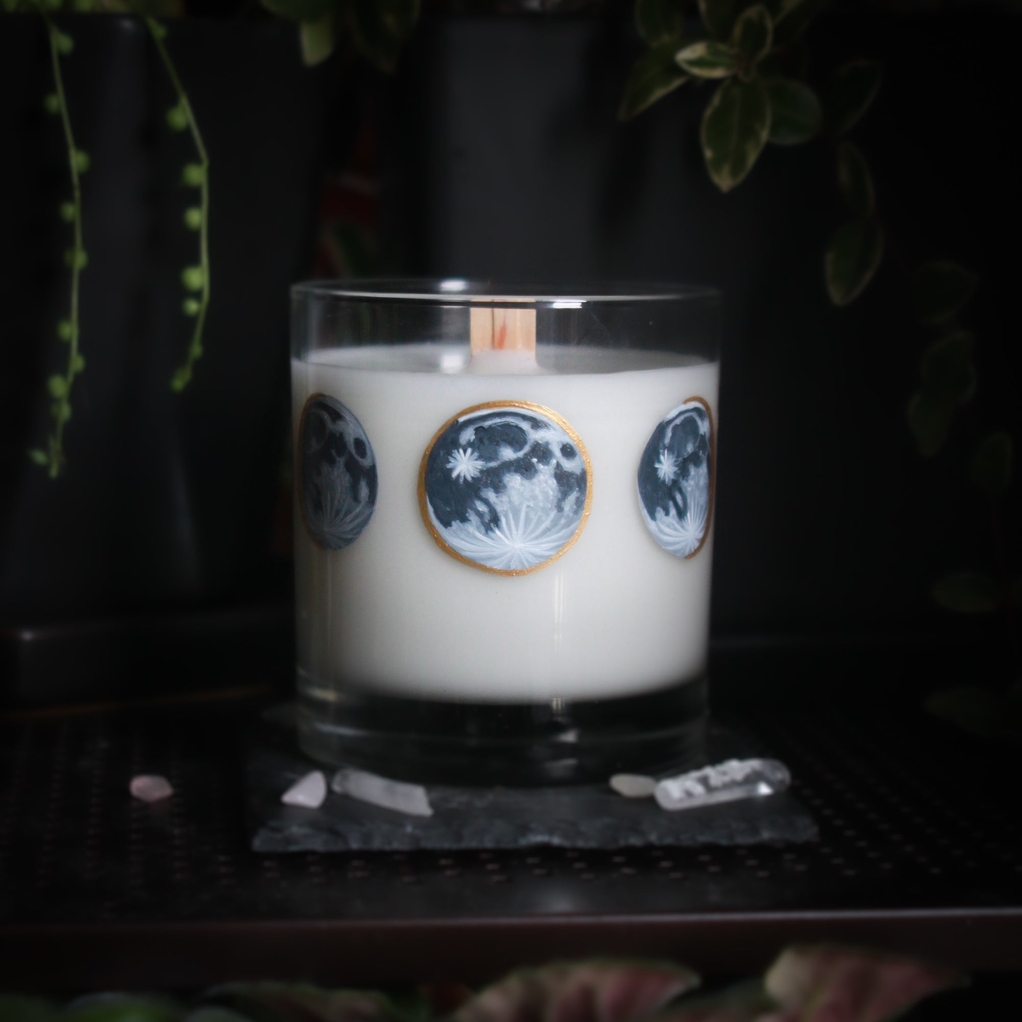 A white-wax candle with a wooden wick rests upon a dark surface with plants and crystals visible in the scene. The light candle stands out in contrast against the dark background. The candle glass has 8 phases of the moon painted in shades of gray with gold accents circling the glass. This angle depicts the full moon with two gibbous moons on either side of it.
