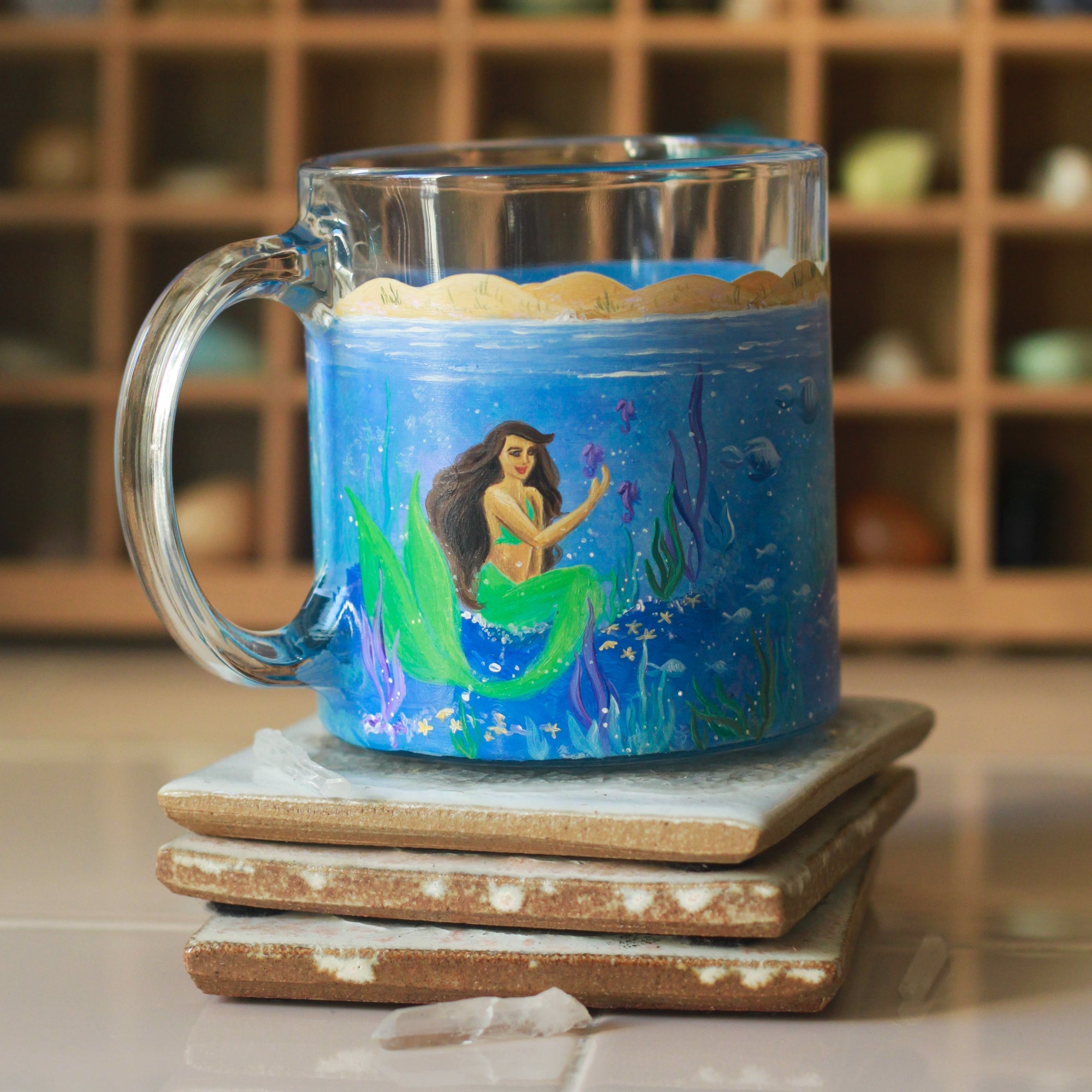 Mainstays Ocean Mermaid Sculpted Earthenware Mug, 16.91 Ounces, Blue and  purple